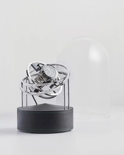 Bernard Favre Planet - Silver Rings, Black Base with Black Leather & Green Stitching