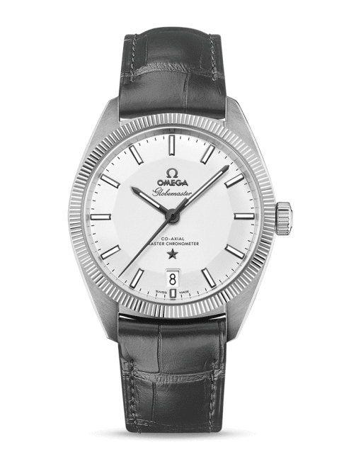 Produktbilde av Omega Constellation Globemaster Co-Axial Master Chronometer 39 MM med hvit urskive og grå skinnrem. Ref. O13033392102001.