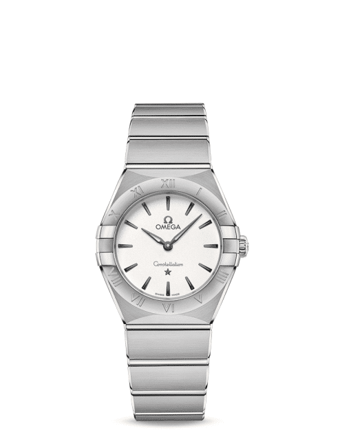 Produktbilde av Omega Constellation Manhattan Quartz 28mm med hvit urskive og stållenke. Ref. O13110286002001.