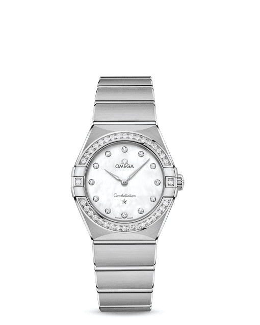 Produktbilde av Omega Constellation Manhattan Quartz 28 MM med hvit urskive og stållenke. Ref. O13115286055001.