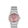Produktbilde av Omega Constellation Quartz 28MM med rosa urskive og stållenke. Ref. O13110286011001.