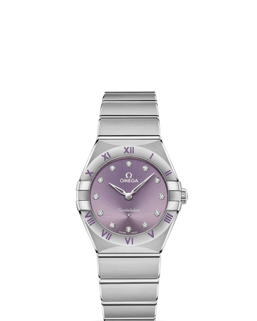 Produktbilde av Omega Constellation Quartz 28MM med lilla urskive og stållenke. Ref. O13110286060002.