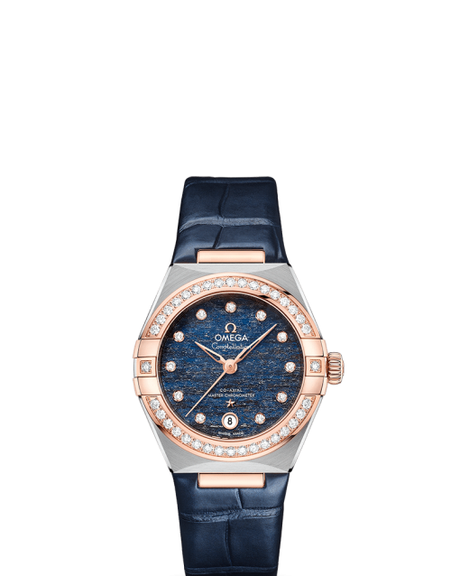 Produktbilde av Omega Constellation Co-Axial Master Chronometer 29MM med blå urskive og blå skinnrem. Ref. O13128292099003.