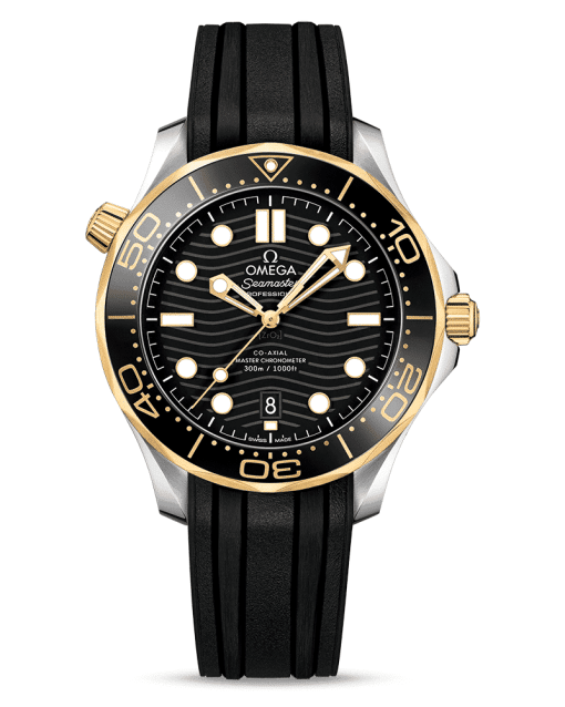 Produktbilde av Omega Seamaster Diver 300M Co-Axial Master Chronometer 42 MM med kasse i stål og gult gull med sort gummirem og sort skive. Ref. 210.22.42.20.01.001