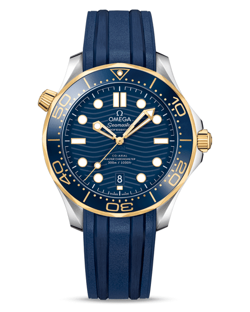 Produktbilde av Omega Seamaster Diver 300M Co-Axial Master Chronometer 42 MM med kasse i stål og gult gull på blå gummireim. Ref. 210.22.42.20.03.001