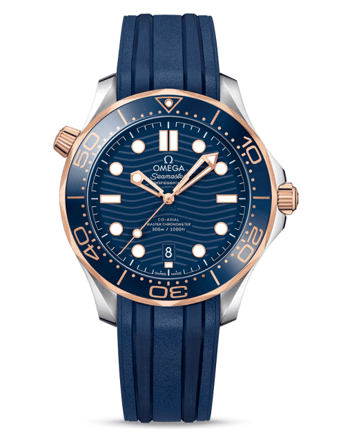 Produktbilde av Omega Seamaster Diver 300M Co-Axial Master Chronometer 42 MM. Steel ‑ Sedna™ Gold on Blue Rubber Strap. Ref. 210.22.42.20.03.002