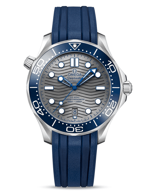 Produktbilde av Omega Seamaster Diver 300M Co-Axial Master Chronometer 42 MM. Grå skive og blå gummireim. Ref. 210.32.42.20.06.001