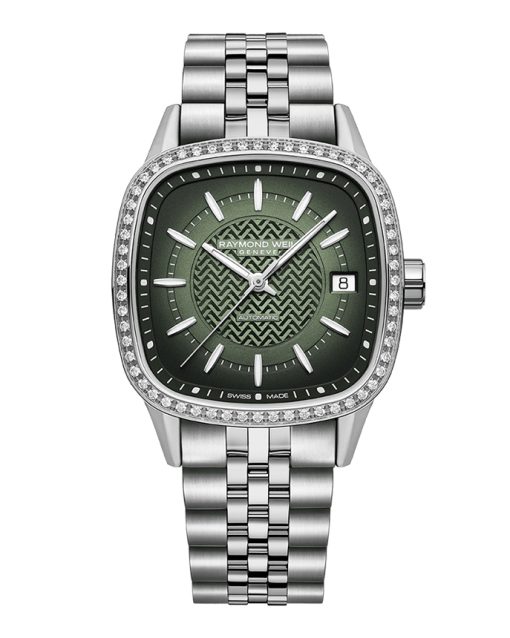Produktbilde av Raymond Weil Freelancer 34.5mm med grønn urskive på stållenke. Ref. 2490-STS-52051.