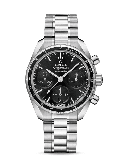 Omega Speedmaster 38mm med sort tallskive og stål lenke. Referanse: 324.30.38.50.01.001