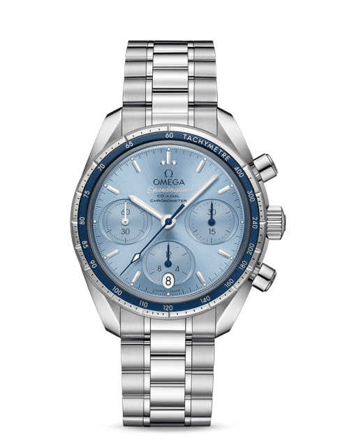 Omega Speedmaster 38 Co‑Axial Chronograph 38 mm med lys blå tallskive og lenke. Referanse: 324.30.38.50.03.001