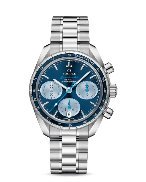 Omega Speedmaster 38 Co‑Axial Chronograph 38 mm med blå tallskive og stål lenke. Referanse: 324.30.38.50.03.002