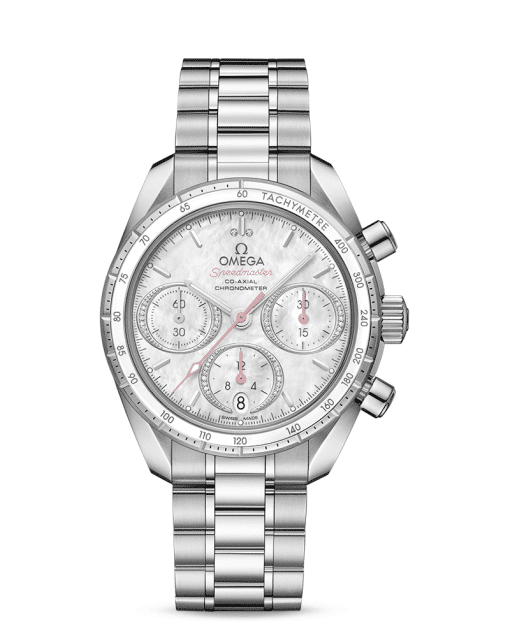 Omega Speedmaster 38 Co‑Axial Chronograph 38 mm med hvit perlemorskive og stål lenke. Referanse: 324.30.38.50.55.001