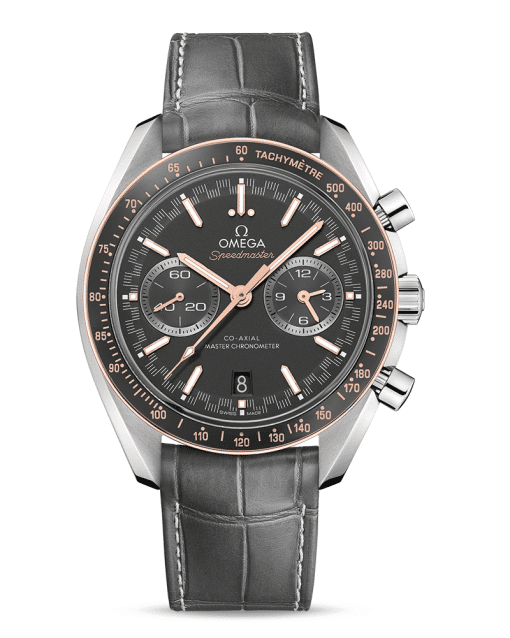 Omega Speedmaster -Racing Co‑Axial Master Chronometer Chronograph 44.25 mm med grå tallskive, detaljer i roségull og grå skinnrem. Referanse: 329.23.44.51.06.001