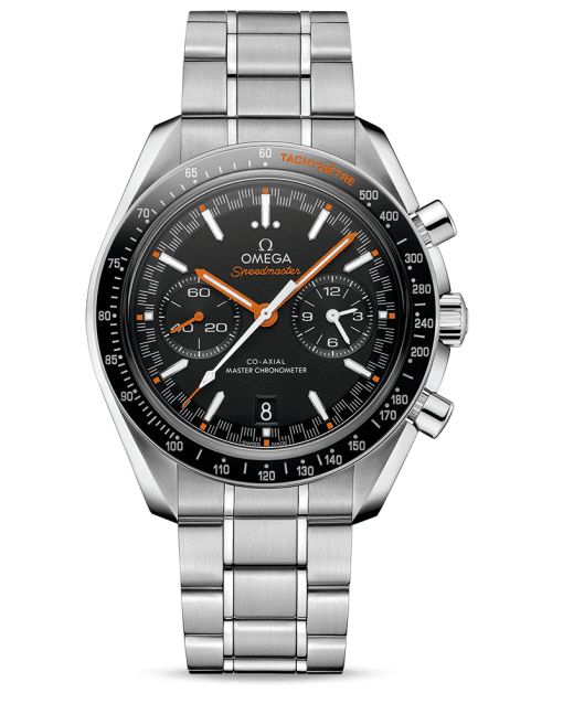 Omega Speedmaster Racing Co‑Axial Master Chronometer Chronograph 44.25 mm med sort tallskive med oransje indekser og stål lenke. Referanse: 329.30.44.51.01.002 / O32930445101002