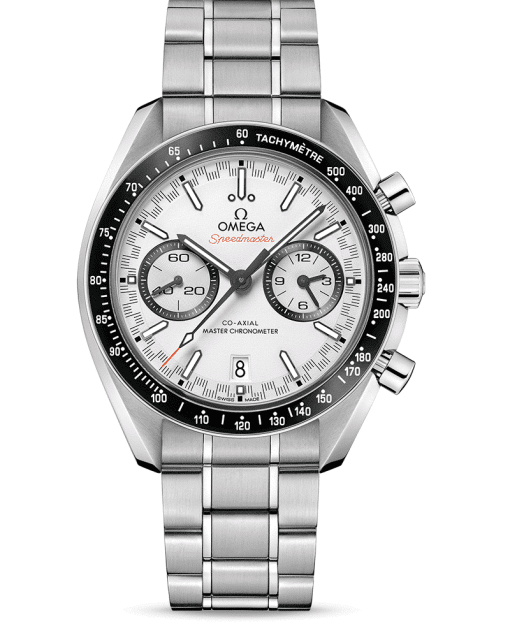 Omega Speedmaster Racing Co‑Axial Master Chronometer Chronograph 44.25 mm med hvit tallskive og stål lenke. Referanse: 329.30.44.51.04.001