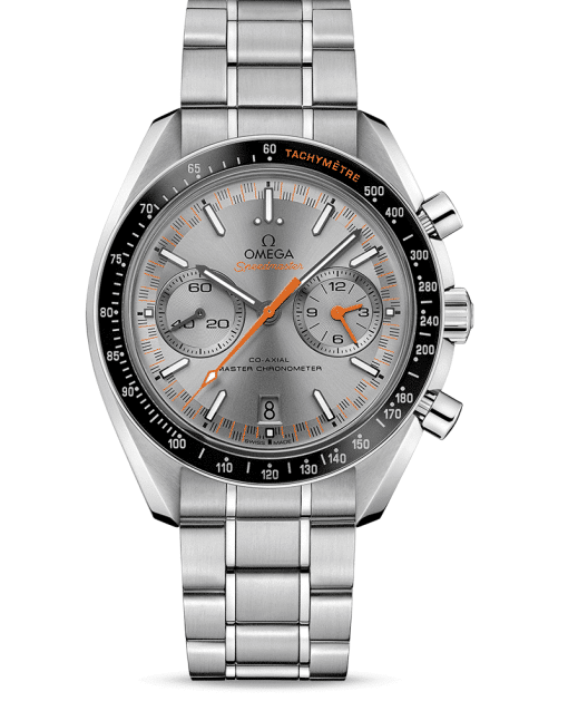 Omega Speedmaster Racing Co‑Axial Master Chronometer Chronograph 44.25 mm med grå tallskive, oransje indekser og stål lenke. Referanse: 329.30.44.51.06.001