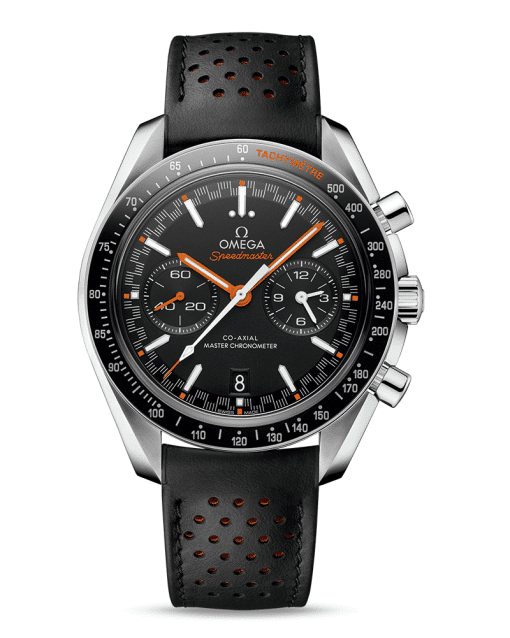Omega Speedmaster Racing Co‑Axial Master Chronometer Chronograph 44.25 mm med sort tallskive med oransje indekser på en sort skinnrem. Referanse: 329.32.44.51.01.001
