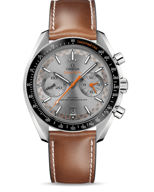 Omega Speedmaster Racing Co‑Axial Master Chronometer Chronograph 44.25 mm med grå tallskive og brun skinnrem. Referanse: 329.32.44.51.06.001