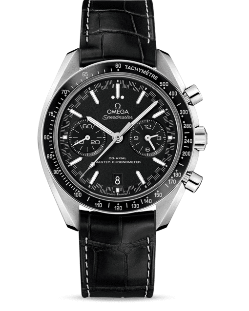 Omega Speedmaster Racing Co‑Axial Master Chronometer Chronograph 44.25 mm med sort tallskive, hvite indekser og sort skinnrem. Referanse: 329.33.44.51.01.001