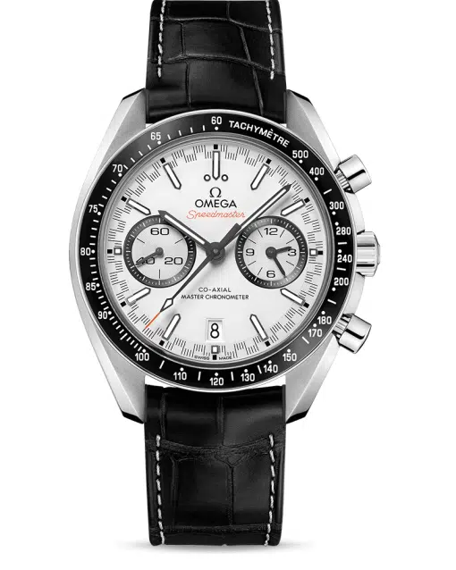 Omega Speedmaster Racing Co‑Axial Master Chronometer Chronograph 44.25 mm med hvit tallskive og sort skinnrem. Referanse: 329.33.44.51.04.001