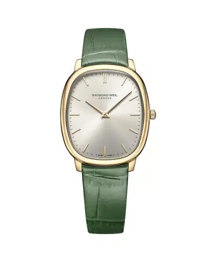 Produktbilde av Raymond Weil Toccata Heritage 36mm med sølv urskive på grønn skinnrem. Ref. 5280-PC-64001.