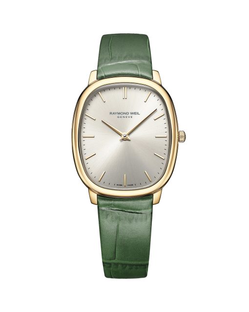 Produktbilde av Raymond Weil Toccata Heritage 36mm med sølv urskive på grønn skinnrem. Ref. 5280-PC-64001.