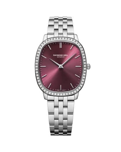 Produktbilde av Raymond Weil Toccata Heritage 36mm med rød urskive på stållenke. Ref. 5280-STS-45001.