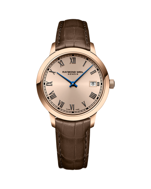 Produktbilde av Raymond Weil Toccata 34mm med rosé urskive på skinnrem. Ref. 5385-PC5-00859.