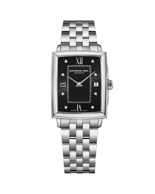 Produktbilde av Raymond Weil Toccata Ladies Rectangular med sort urskive på stållenke. Ref. 5925-ST-00295.