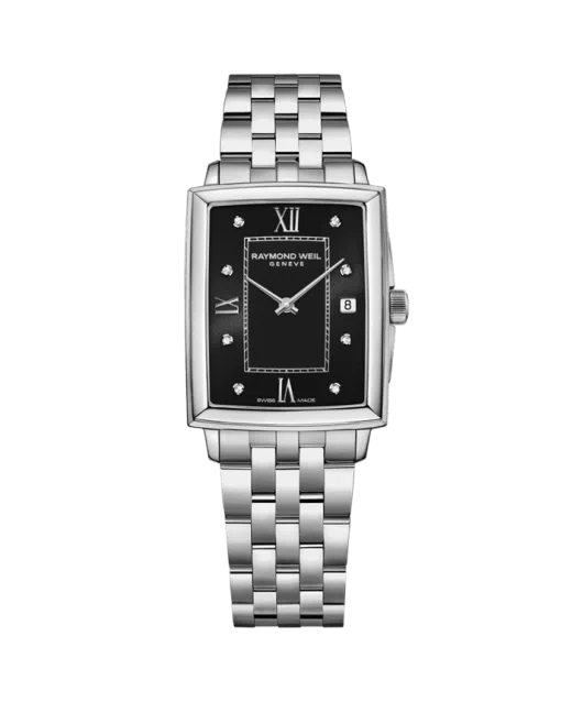 Produktbilde av Raymond Weil Toccata Ladies Rectangular med sort urskive på stållenke. Ref. 5925-ST-00295.