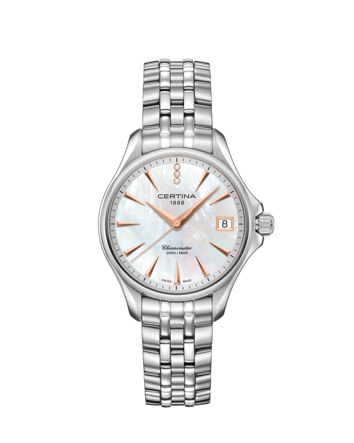Produktbilde av Certina DS Action Lady Diamonds med hvit urskive på stållenke. Ref. C032.051.11.116.00.