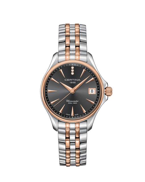 Produktbilde av Certina DS Action Lady Diamonds med grå urskive på stållenke. Ref. C032.051.22.086.00.