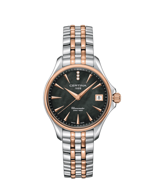 Produktbilde av Certina DS Action Lady Diamonds med sort urskive og stållenke. Ref. C032.051.22.126.00.