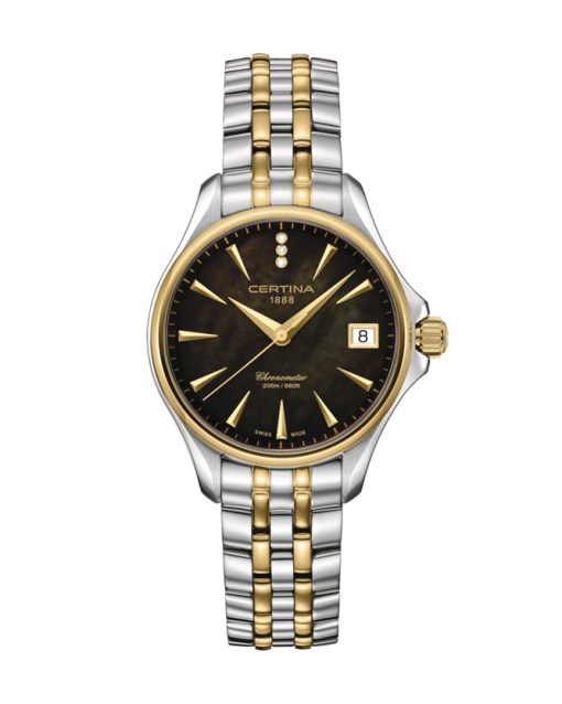 Produktbilde av Certina DS Action Lady Diamonds med sort urskive på stållenke. Ref. C032.051.22.126.01.