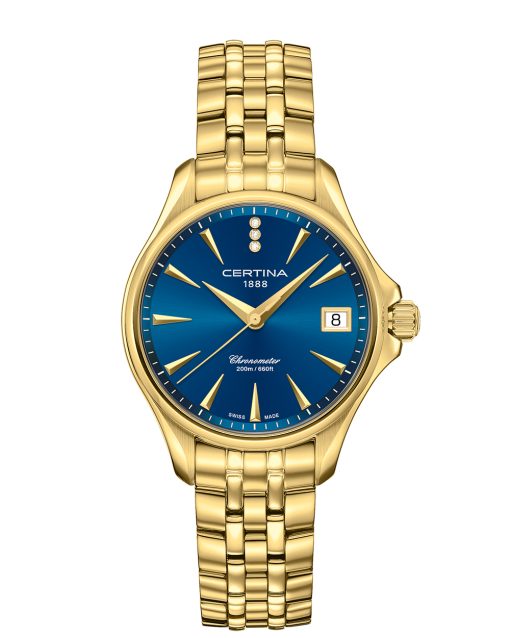 Produktbilde av Certina DS Action Lady Diamonds 34mm med blå urskive på stållenke. Ref. C032.051.33.046.00.