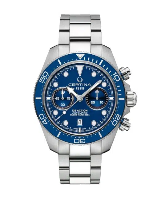Produktbilde av Certina DS Action Diver Chrono 45mm med blå urskive på stållenke. Ref. C032.827.11.041.00.