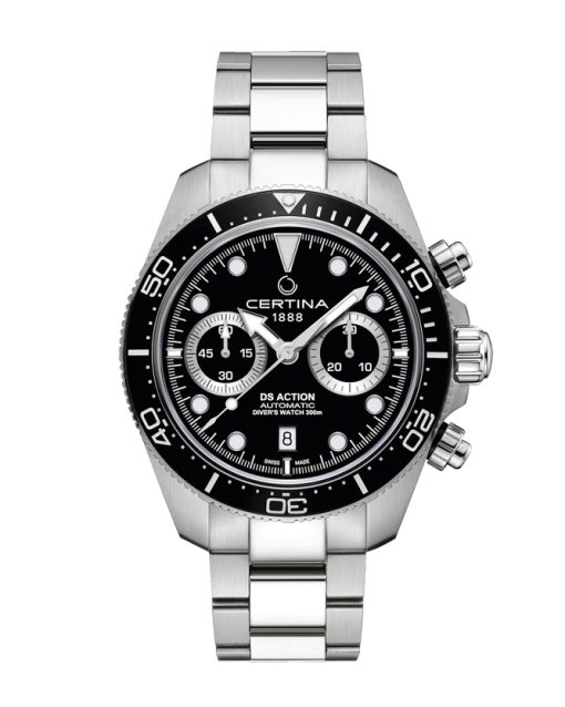 Produktbilde av Certina DS Action Diver Chrono 45mm med sort urskive på stållenke. Ref. C032.827.11.051.00.
