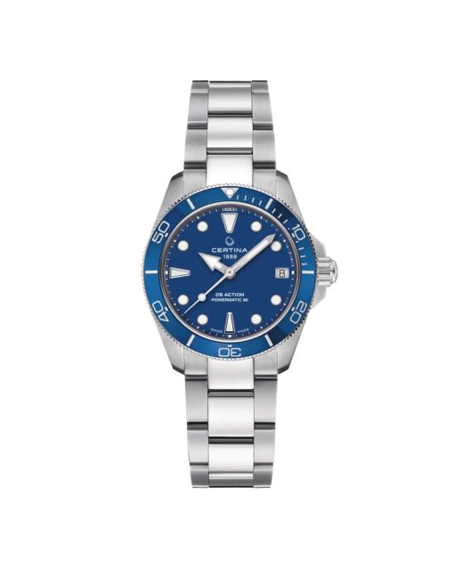 Produktbilde av Certina DS Action Lady 34.5mm med blå urskive og stållenke. Ref. C032.007.11.041.00.