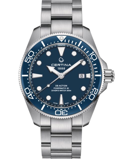 Produktbilde av Certina DS Action Diver 43mm med blå urskive på stållenke. Ref. C032.607.11.041.00.