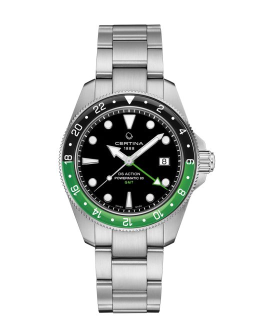 Produktbilde av Certina DS Action GMT Powermatic 80 med sort urskive på stållenke. Ref. C032.929.11.051.00.