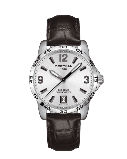 Produktbilde: Certina DS Podium Chronometer 40mm med sølvfarget tallskive og brun skinnreim. Referanse C034.451.16.037.00
