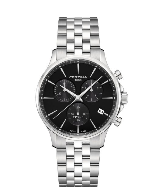 Produktbilde av Certina DS-8 Chrono med sort urskive på stållenke. Ref. C045.417.11.051.00.
