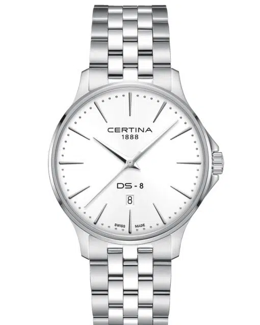Produktbilde av Certina DS-8 Gent 40mm med hvit urskive på stållenke. Ref. C045.410.11.011.00.