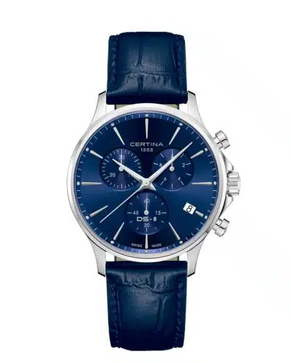 Produktbilde av Certina DS-8 Chrono med blå urskive på blå skinnrem. Ref. C045.417.16.041.00.