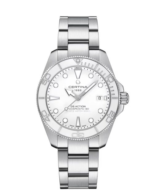 Certina DS Action 40.5mm Powermatic 80. Ref C048.407.11.011.00. Hvit tallskive. Kasse og lenke i stål.
