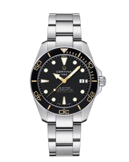 Certina DS Action 40.5mm Powermatic 80. Referanse: C048.407.11.051.01. Svart tallskive med kasse og lenke i stål.