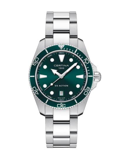 Produktbilde av Certina DS Action 40mm med grønn urskive på stållenke. Ref. C048.410.11.091.00.