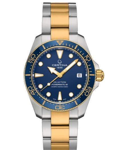 Produktbilde av Certina DS Action Diver 38mm Powermatic 80 med blå urskive på stållenke. Ref. C048.807.22.041.00.