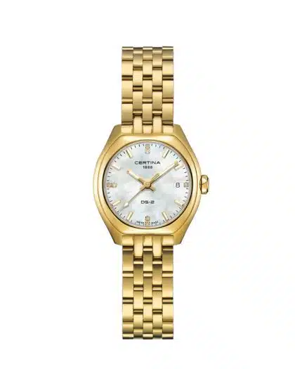 Produktbilde av Certina DS-2 Lady 28mm med perlemor urskive på gullfarget stållenke. Ref. C049.210.33.116.00.