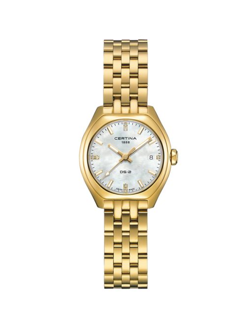 Produktbilde av Certina DS-2 Lady 28mm med perlemor urskive på gullfarget stållenke. Ref. C049.210.33.116.00.